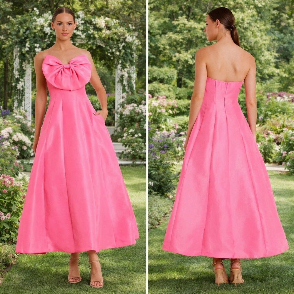 NWT | Mac Duggal 49605 CandyPink Strapless A-Line Tea Length Bow Dress Size 0